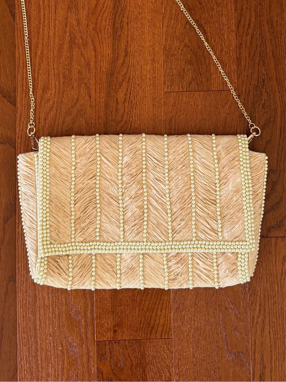 By Anthropologie Raffia Pearl-Embellished Clutch NWT small flaw see below